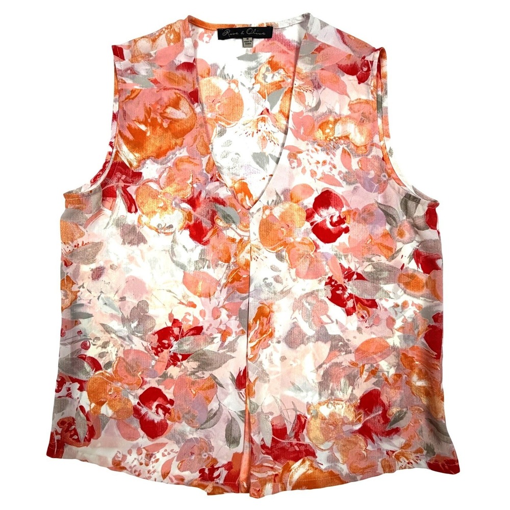 Rose & Olive Womens Orange Red Floral V-Neck Sleeveless Blouse Top Size M